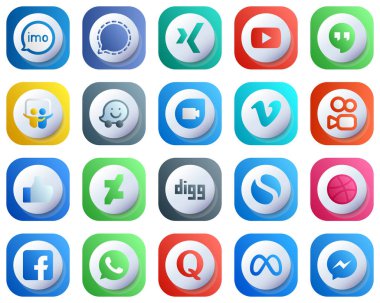 20 Cute 3D Gradient Social Media Brand Icons such as like. video. youtube. vimeo and waze icons. Customizable and Stylish