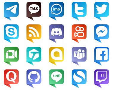 20 Chat bubble style Icons for Top Social Media Platforms such as message. twitter. discord and rss icons. Fully customizable and professional