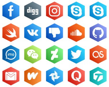 Hexagon Flat Color White Icon Set such as imo. music. chat. sound and facebook icons. 25 Elegant Icons