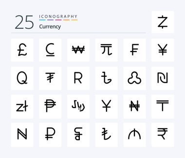 Currency 25 Line icon pack including money . currency . levbrazil. new taiwan doll . money