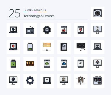 Devices 25 Line Filled icon pack including computer. maps. cpu. location. lock