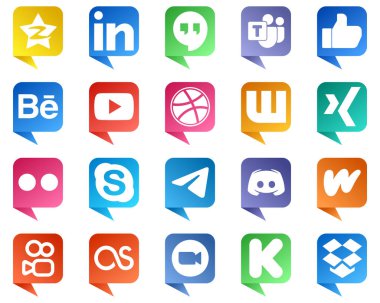 20 Minimalist Chat bubble style Social Media Icons such as yahoo. xing. like. wattpad and video icons. Editable and high resolution