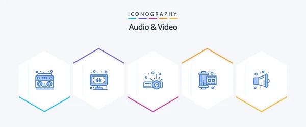 Audio Video Blue Icon Pack Including Speaker Megaphone Device Reel — Archivo Imágenes Vectoriales