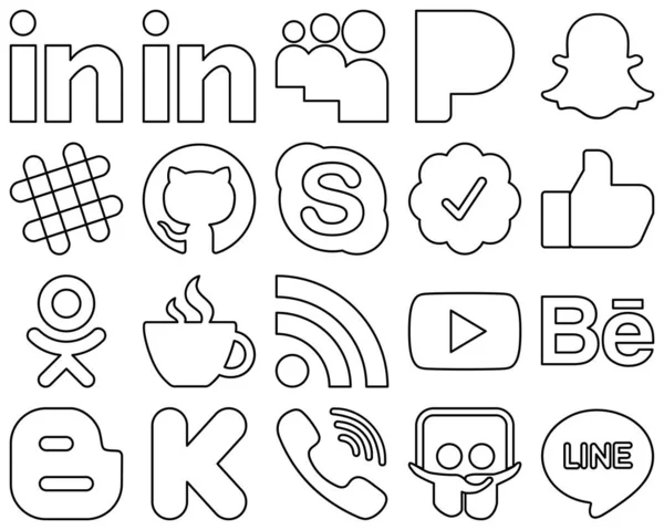 Clean Modern Black Line Social Media Icons Feed Chat Streaming — Stock Vector