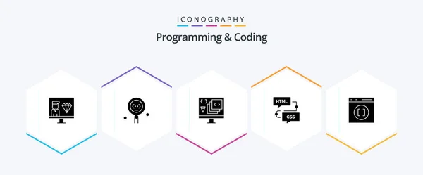 Stock vector Programming And Coding 25 Glyph icon pack including development. coding. programming. programming. develop