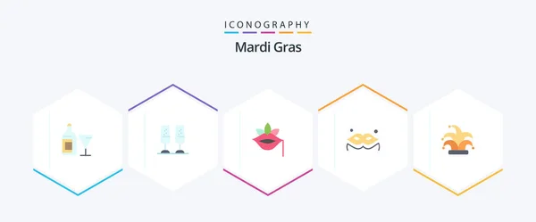 Mardi Gras Flat Icon Pack Including Crown Masquerade Lips Mask — Wektor stockowy