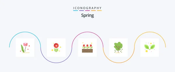 Spring Flat Icon Pack Inclusiv Frunze Natura Floare Măr Copac — Vector de stoc