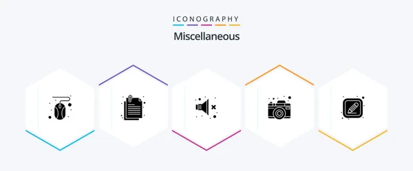 Miscellaneous Glyph Icon Pack Including Pen Picture Camera — Διανυσματικό Αρχείο