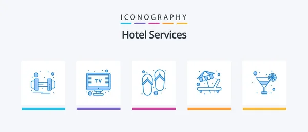 Hotel Services Blue Icon Pack Including Juice Cocktail Spa Service — Stock Vector