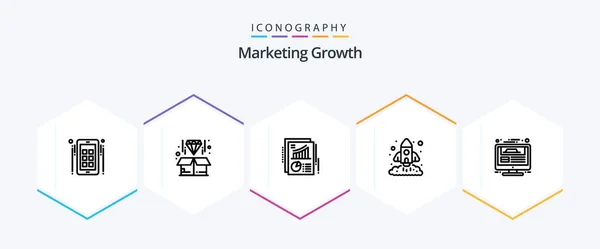 Marketing Growth Line Icon Pack Including Monitor Rocket Chart Marketing — Stockvektor