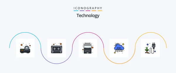 Technology Line Filled Flat Icon Pack Including Electricity Server Binary — Stockvector