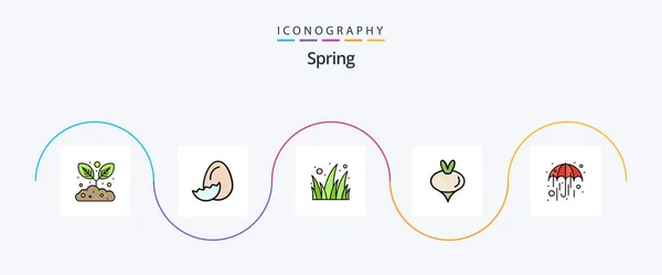 Spring Line Umplut Plat Icon Pack Inclusiv Vreme Ploaie Grădină — Vector de stoc