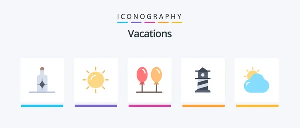 Vacations Flat Icon Pack Including Sun Fly Shinning Cloud Creative — Stok Vektör