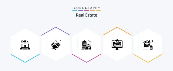 Real Estate Glyph Icon Pack Including Computer Real Estate Handshake — Stok Vektör