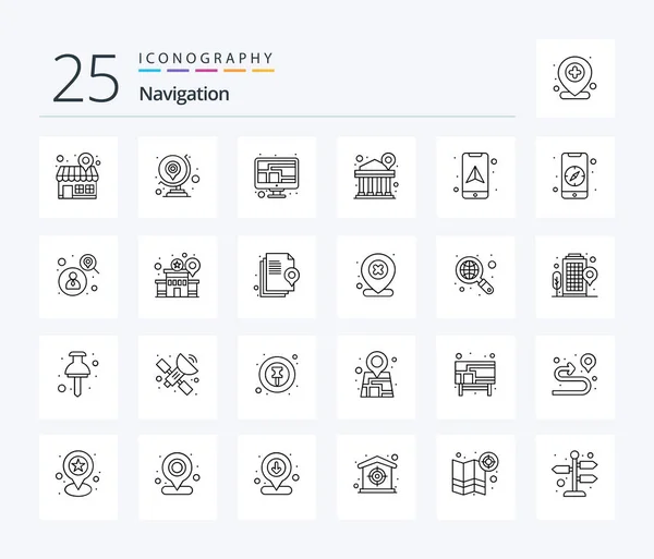 Navigation Line Icon Pack Including Finance Bank Map Screen Map — Stok Vektör