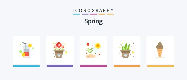 Spring Flat Icon Pack Including Ice Cream Grass Leaf Garden — Stok Vektör