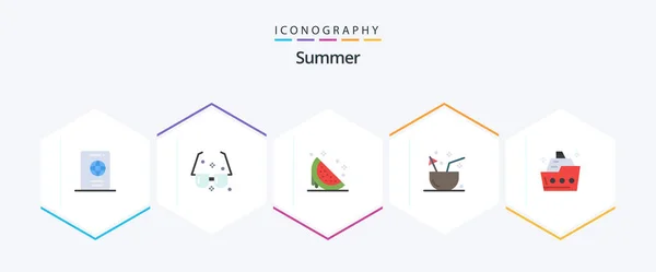 Summer Flat Icon Pack Including Fruit Coconut Sun Watermelon Summer — Stockvector