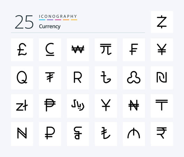 Currency 25 Line icon pack including money . currency . levbrazil. new taiwan doll . money