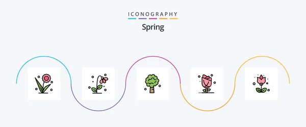 Spring Line Umplut Plat Icon Pack Inclusiv Floral Floare Natura — Vector de stoc