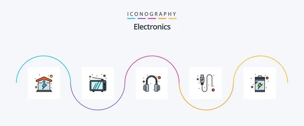 Electronics Line Filled Flat Icon Pack Including Device Battery Headphone — Διανυσματικό Αρχείο