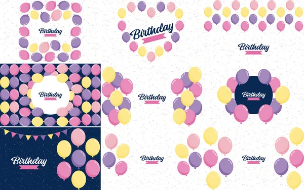 Happy Birthday Text Hand Drawn Cartoon Style Colorful Balloon Illustrations — Vetor de Stock