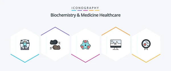 Biochemistry Medicine Healthcare Filledline Icon Pack Including Viruses Heartbeat Hazard — Stock Vector