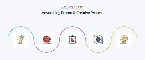 Advertising Promo Creative Process Line Filled Flat Icon Pack Including — Stockvector