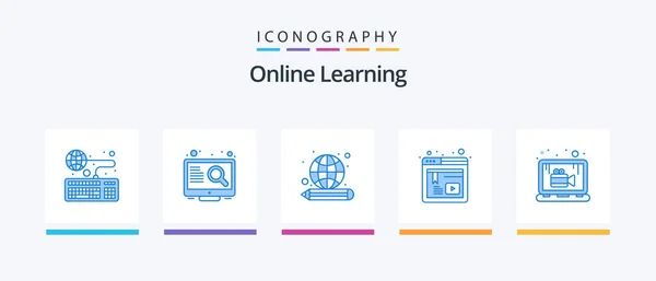 Online Learning Blue Icon Pack Including Online Web Screen Online — Vettoriale Stock