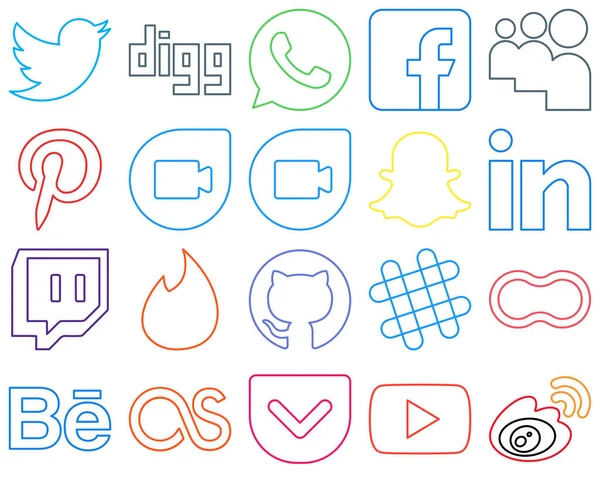 Unique Colourful Outline Social Media Icons Peanut Github Pinterest Tinder — Stock Vector