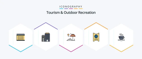 Tourism Outdoor Recreation Filledline Icon Pack Including Coffee Tea Beach — Wektor stockowy