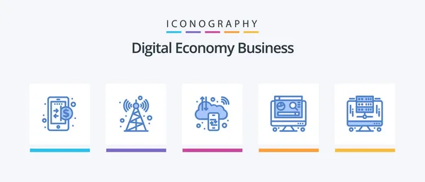 Digital Economy Business Blue Icon Pack Including Database Computer Cloud — 图库矢量图片