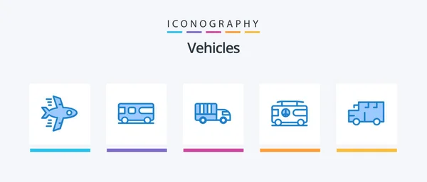 Vehicles Blue Icon Pack Including Transportation Bus Lorry Van Hippy — 图库矢量图片