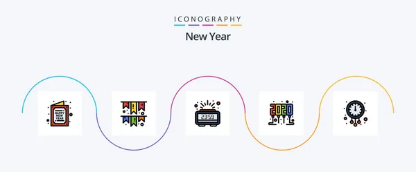 New Year Line Filled Flat Icon Pack Including Midnight Party — Stockvektor