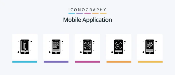 Mobile Application Glyph Icon Pack Including Mobile App Control Sound — Stok Vektör