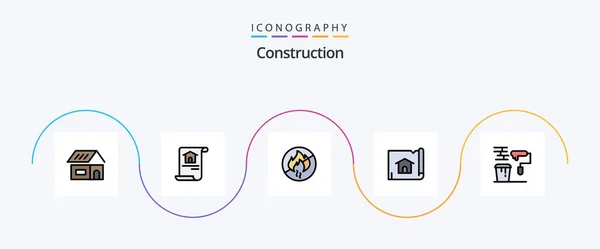 Construction Line Filled Flat Icon Pack Including Paint House Fire — Stockvektor