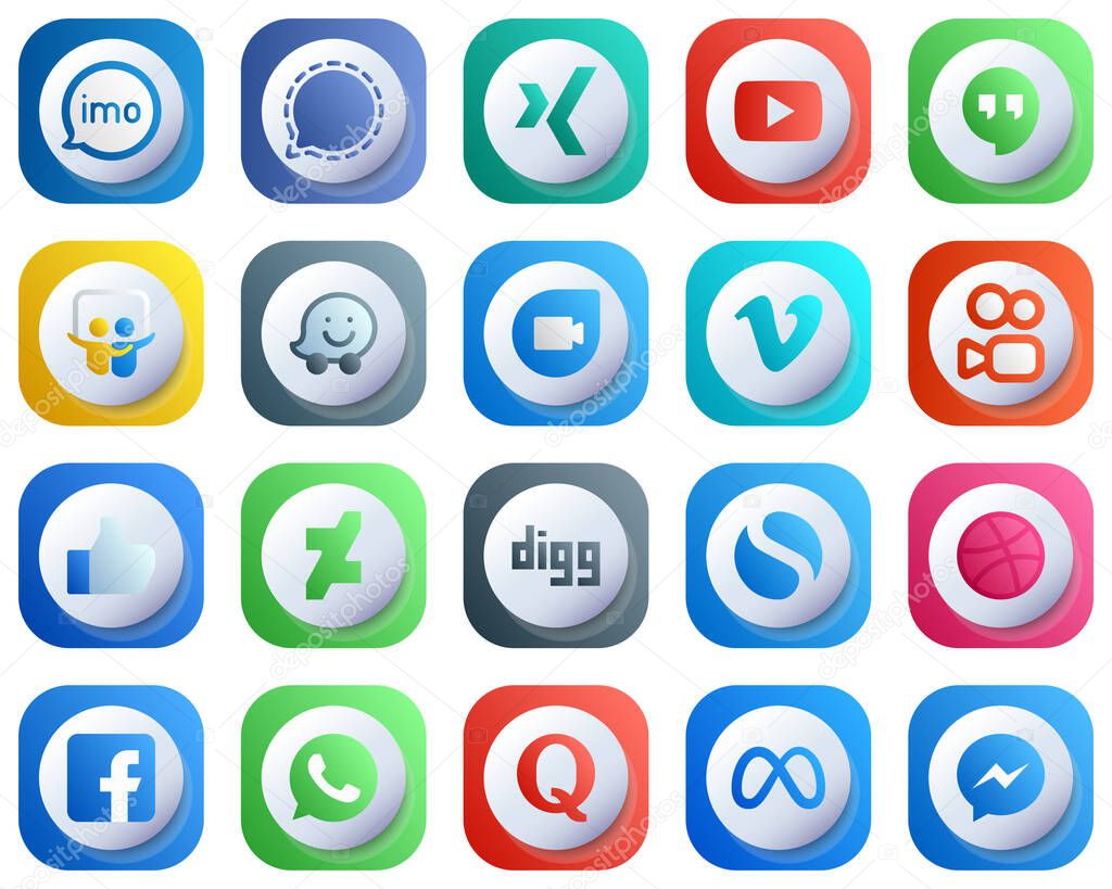 20 Cute 3D Gradient Social Media Brand Icons such as like. video. youtube. vimeo and waze icons. Customizable and Stylish