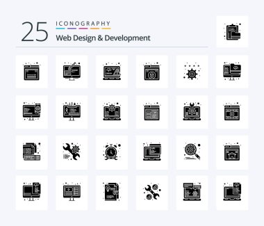 Web Design And Development 25 Solid Glyph icon pack including bookmark. web. coding. lock. error