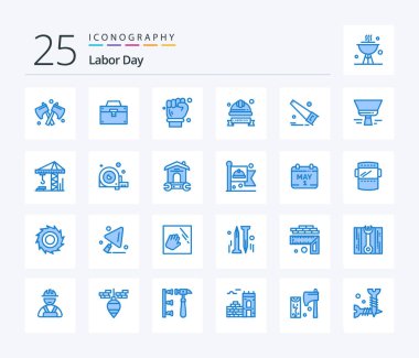 Labor Day 25 Blue Color icon pack including saw. helmet. labour hand. hard hat. cap