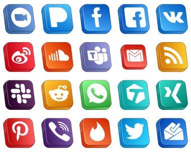 20 Elegant Isometric 3D Social Media Icons such as music. vk. sound and icons. Minimalist and high-resolution