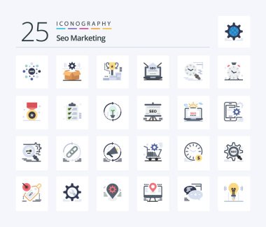 Seo Marketing 25 Flat Color icon pack including mail. laptop. setting. seo. trophy