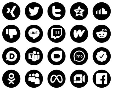 20 High-Quality White Social Media Icons on Black Background such as microsoft team. reddit. music. literature and twitch icons. Fully editable and professional