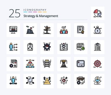 Strategy And Management 25 Line Filled icon pack including team. group. achievement. arrow. sign