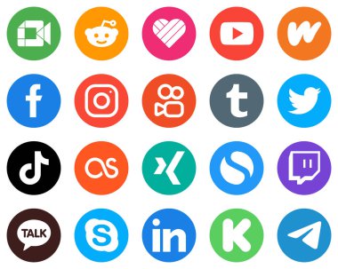 20 White Flat Circle Icons twitter. kuaishou. literature and instagram Social Media Platforms