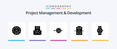Project Management And Development Glyph 5 Icon Pack Including process. workflow. video player. production. development. Creative Icons Design