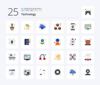 Technology 25 Flat Color icon pack including home networking. domestics. security. sharing. big