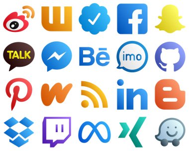 Gradient Social Media Brand Icon Set 20 icons such as video. imo. behance and facebook icons. High resolution and editable