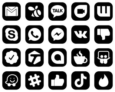 20 Premium White Social Media Icons on Black Background such as tagged. facebook. chat. dislike and fb icons. Elegant and unique