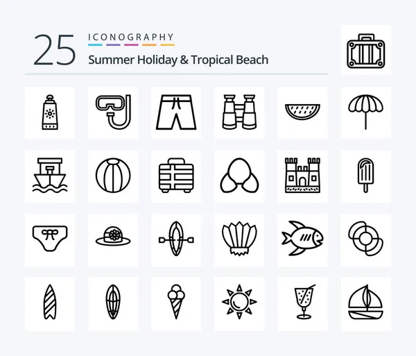 Beach Line Icon Pack Including Water Melon Beach Fruits Search — Stock Vector