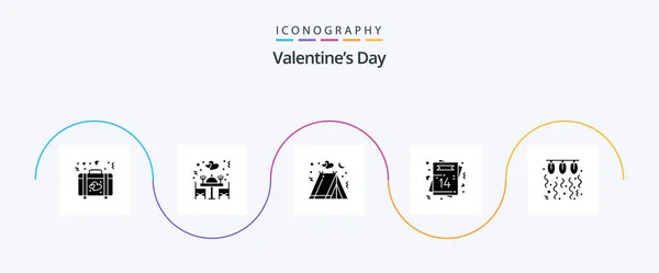 Valentines Day Glyph Icon Pack Including Bulb Postcard Camping Love — Vetor de Stock