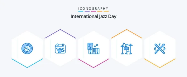 International Jazz Day Blue Icon Pack Including Sticks Instrument Accordion — Stockvector